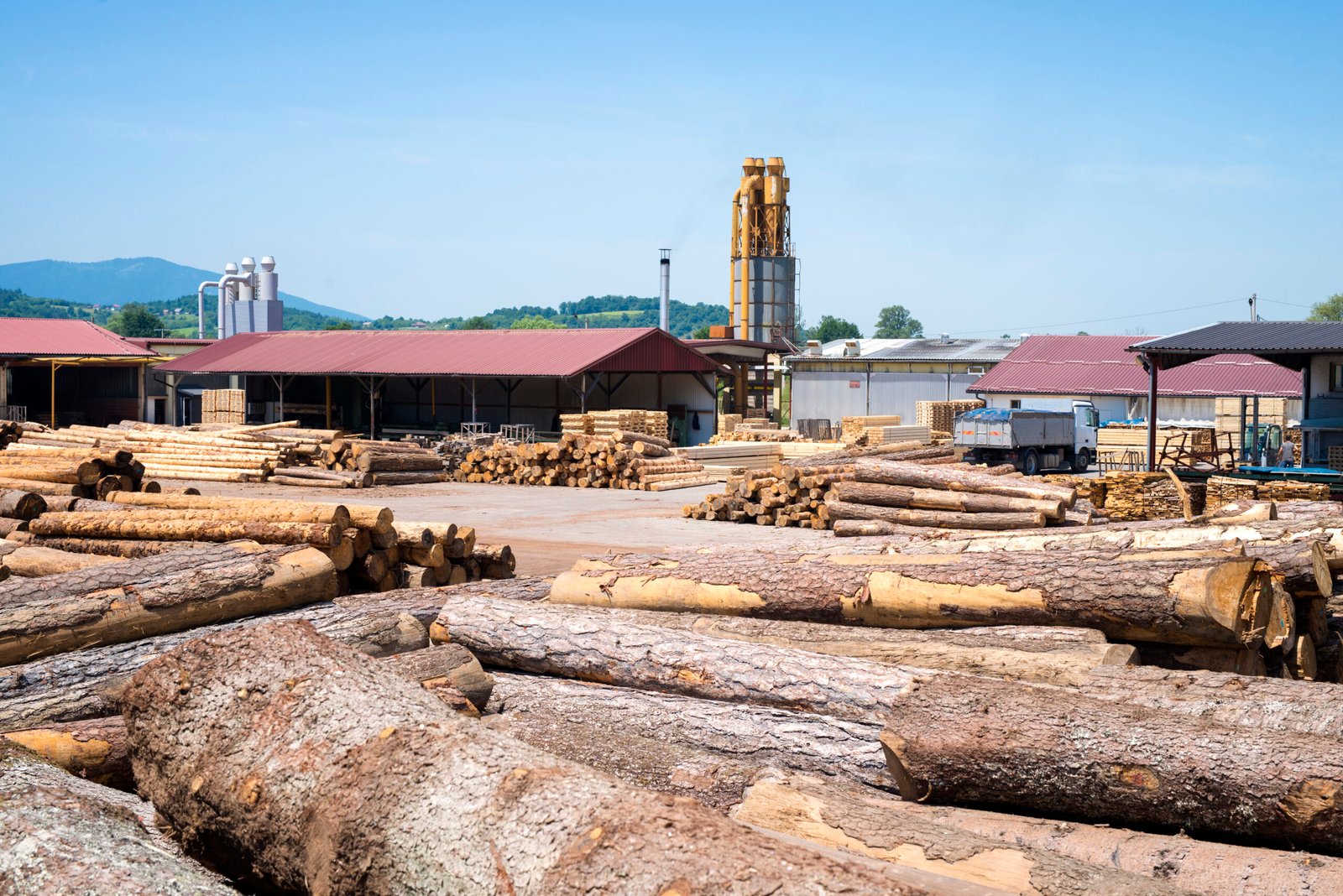 View of industrial sawmill factory for wood processing.